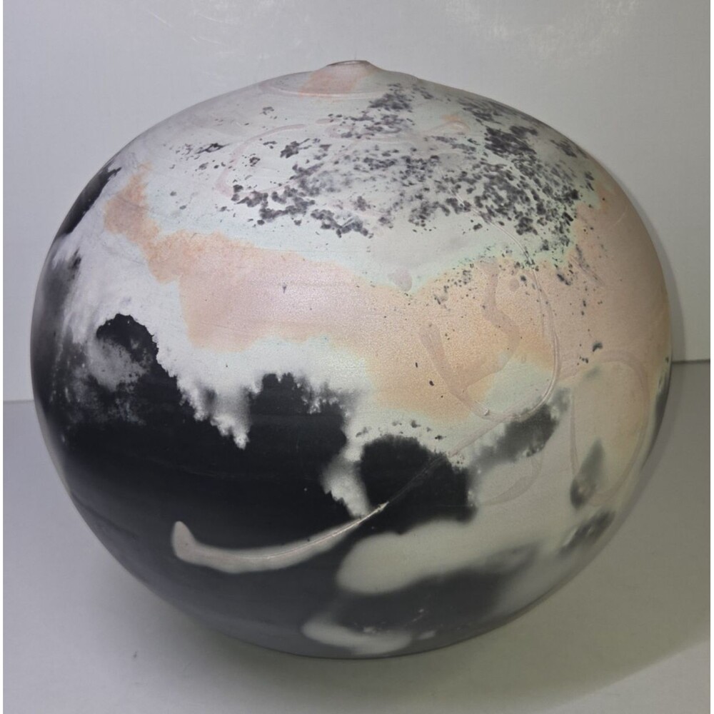 Ceramic Sphere Art Pottery Orb Signed Raku Round Sculpture Fire Pit Abstract